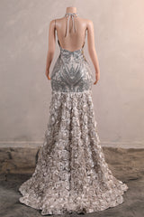 Elegant Silver Sequin Flowers Mermaid Floor Length Prom Dresses-Ballbella