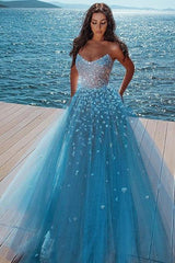 Elegant sky blue Butterfly Strapless Sweetheart Tulle Sparkle Prom Party Gowns-Ballbella