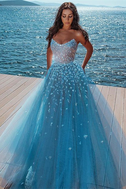 Elegant sky blue Butterfly Strapless Sweetheart Tulle Sparkle Prom Party Gowns Elegant sky blue Butterfly Strapless Sweetheart Tulle Sparkle Prom Party Gowns