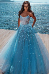 Elegant sky blue Butterfly Strapless Sweetheart Tulle Sparkle Prom Party Gowns-Ballbella
