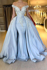 Elegant Sky Blue Mermaid Off-the-Shoulder Prom Dresses Sweetheart Discount Overskirt Evening Dresses On Sale-Ballbella