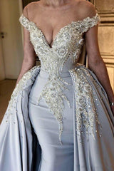 Elegant Sky Blue Mermaid Off-the-Shoulder Prom Dresses Sweetheart Discount Overskirt Evening Dresses On Sale-Ballbella