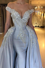 Elegant Sky Blue Mermaid Off-the-Shoulder Prom Dresses Sweetheart Discount Overskirt Evening Dresses On Sale-Ballbella