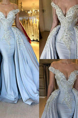 Elegant Sky Blue Mermaid Off-the-Shoulder Prom Dresses Sweetheart Discount Overskirt Evening Dresses On Sale-Ballbella