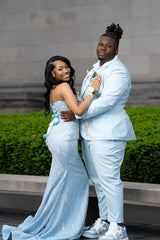 Elegant Sky Blue Strapless Sleeveless Mermaid Prom Dresses Sheath Gem With Lace-Up Back-Ballbella