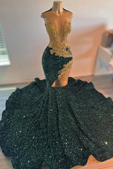 Elegant Sleeveless Dark Green Mermaid Court Train Sequin Prom Dresses-Ballbella