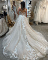 Elegant Sleeveless Straps Lace Wedding Dress Long Slit Online-Ballbella