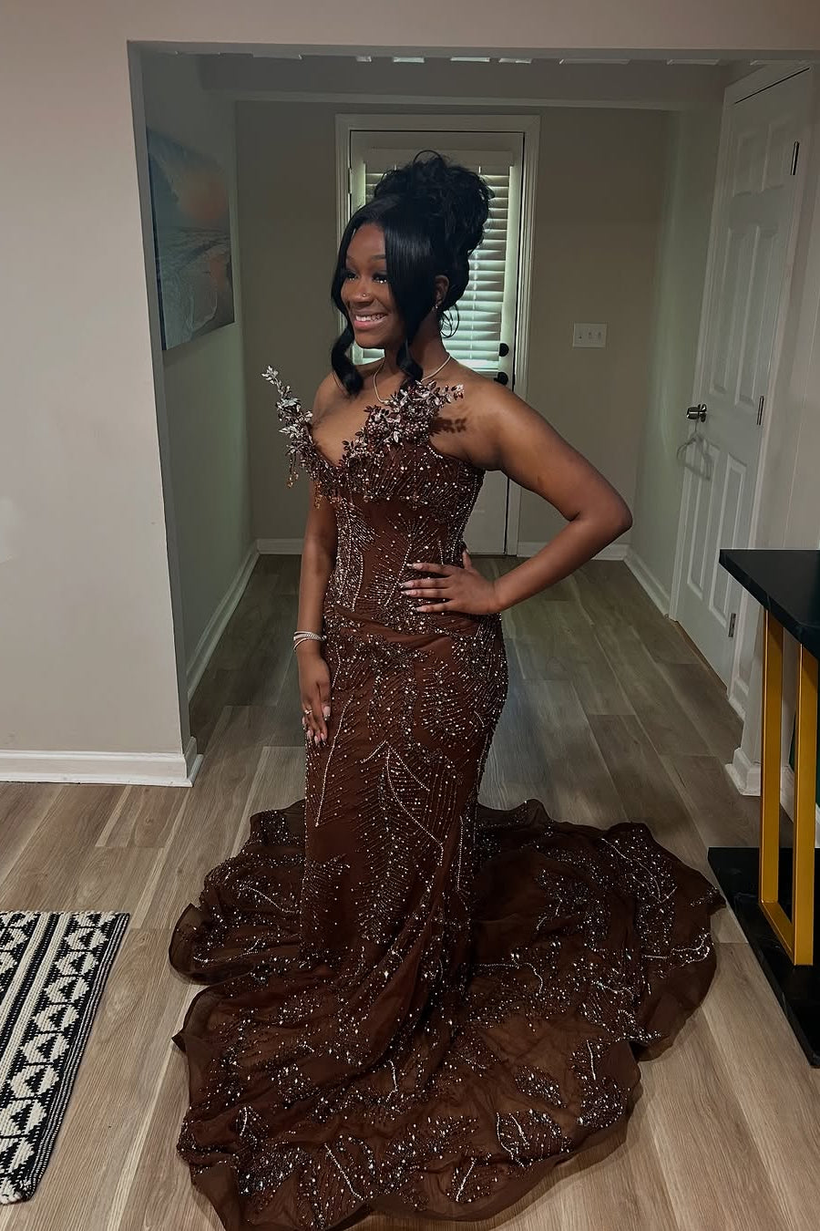 Elegant Sparkle Brown Mermaid Court Train V-neck Sleeveless Prom Dresses Elegant Sparkle Brown Mermaid Court Train V-neck Sleeveless Prom Dresses