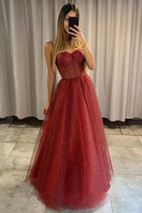 Elegant Sparkle Spaghetti strap Burgundy A-line Princess Tulle Prom Dress-Ballbella