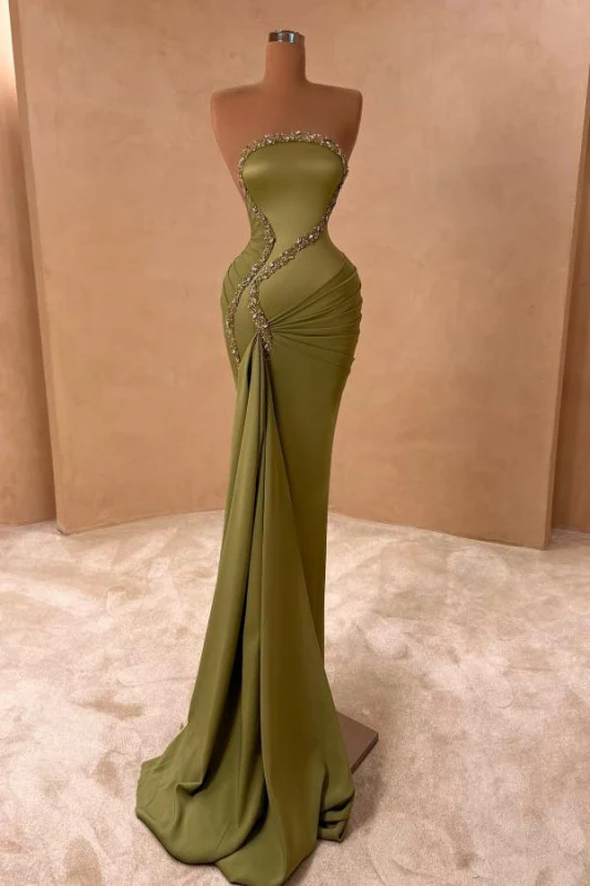 Elegant Strapless Silver Beaded Mermaid Olive Green Satin Floor Length Prom Dresses Elegant Strapless Silver Beaded Mermaid Olive Green Satin Floor Length Prom Dresses