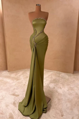 Elegant Strapless Silver Beaded Mermaid Olive Green Satin Floor length Prom Dresses-Ballbella