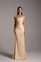 Elegant Strapless Sleeveless Satin Mermaid Prom Dresses Column Pleats With Zipper-Ballbella