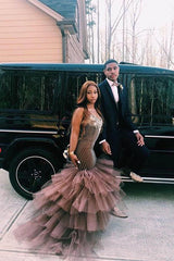 Elegant Straps Sleeveless Applique Tulle Mermaid Prom Party Gowns-Ballbella