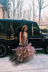 Elegant Straps Sleeveless Applique Tulle Mermaid Prom Party Gowns-Ballbella