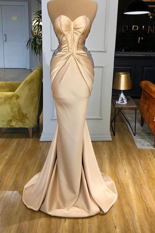Elegant Sweetheart Champagne Prom Dress Mermaid Long With Crystals-Ballbella