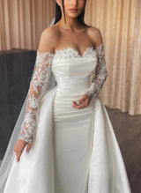 Elegant Sweetheart Detachable Train Lace Sleeves Wedding Dresses-Ballbella