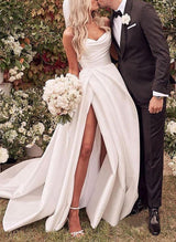 Elegant Sweetheart Satin Sweep Train Wedding Dresses Split Front-Ballbella
