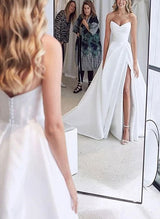 Elegant Sweetheart Satin Sweep Train Wedding Dresses Split Front-Ballbella
