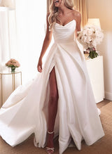 Elegant Sweetheart Satin Sweep Train Wedding Dresses Split Front-Ballbella