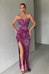 Elegant Sweetheart Sequins Prom Dress Mermaid Long Split Evening Gowns-Ballbella