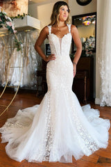 Elegant Sweetheart Straps Mermaid Wedding Dresses Sleeveless Open Back With Appliques Lace-Ballbella