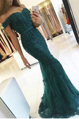 Elegant Tulle Off-the-shoulder Green Mermaid Evening Dress Sequins Lace Long-Ballbella