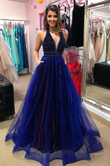 Elegant V-Neck Evening Dress Prom Party Gowns with Beadings-Ballbella