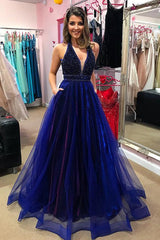 Elegant V-Neck Evening Dress Prom Party Gowns with Beadings-Ballbella