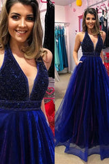 Elegant V-Neck Evening Dress Prom Party Gowns with Beadings-Ballbella