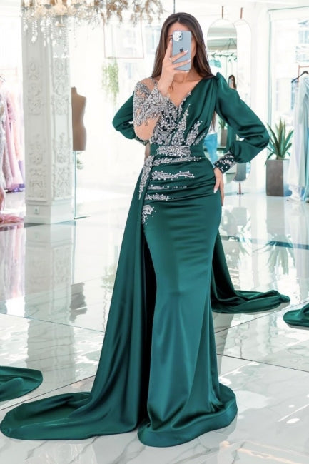 Elegant V-neck Long Sleeves Mermaid Prom Dresses With Ruffles Long Elegant V-neck Long Sleeves Mermaid Prom Dresses With Ruffles Long
