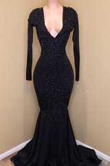 Elegant V-Neck Long Sleevess Appliques Sequins Mermaid Zipper Prom Dresses-Ballbella