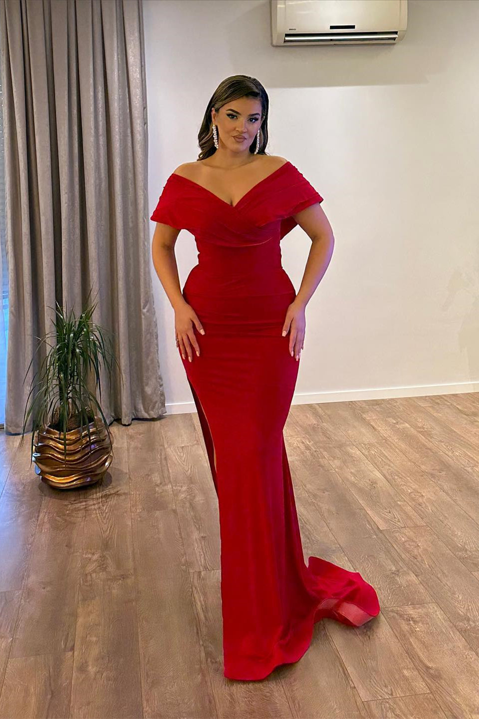 red off the shoulder v neck dress V-Neck Off-Shoulder Sleeveless Mermaid Prom Dress Fully Beaded Pleated High Slit Party Gowns