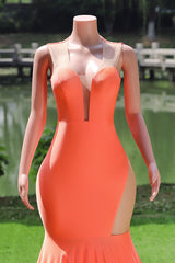 Elegant V-neck Orange Open Back Mermaid Floor Length Prom Dresses-Ballbella