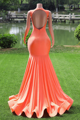 Elegant V-neck Orange Open Back Mermaid Floor Length Prom Dresses-Ballbella
