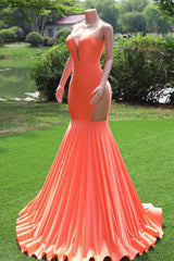 Elegant V-neck Orange Open Back Mermaid Floor Length Prom Dresses-Ballbella