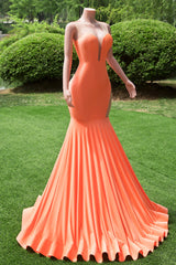 Elegant V-neck Orange Open Back Mermaid Floor Length Prom Dresses-Ballbella