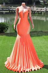 Elegant V-neck Orange Open Back Mermaid Floor Length Prom Dresses-Ballbella