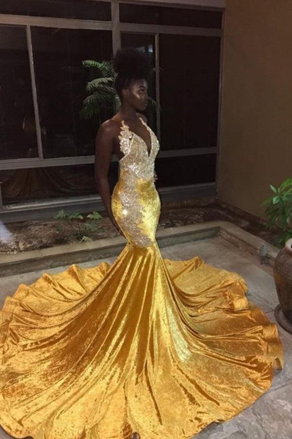 Elegant V-Neck Sleeveless Mermaid Appliques Yellow Prom Party Gowns Elegant V-Neck Sleeveless Mermaid Appliques Yellow Prom Party Gowns