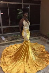 Elegant V-Neck Sleeveless Mermaid Appliques Yellow Prom Party Gowns-Ballbella