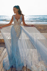 Elegant V-Neck Slim Prom Party Gowns with Detachable Train Mermaid Evening Dress-Ballbella