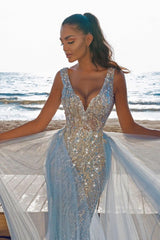 Elegant V-Neck Slim Prom Party Gowns with Detachable Train Mermaid Evening Dress-Ballbella