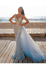 Elegant V-Neck Slim Prom Party Gowns with Detachable Train Mermaid Evening Dress-Ballbella