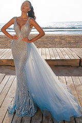 Elegant V-Neck Slim Prom Party Gowns with Detachable Train Mermaid Evening Dress-Ballbella