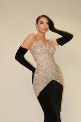 Elegant V-Neck Strapless Mermaid Velvet Prom Dresses Sheath Gem With Gloves-Ballbella