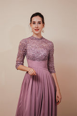 Elegant Violet 3/4 sleeves High waist Beaded Lace Chiffon Evening Dress-Ballbella