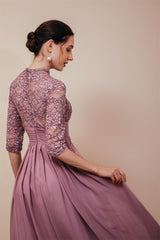 Elegant Violet 3/4 sleeves High waist Beaded Lace Chiffon Evening Dress-Ballbella
