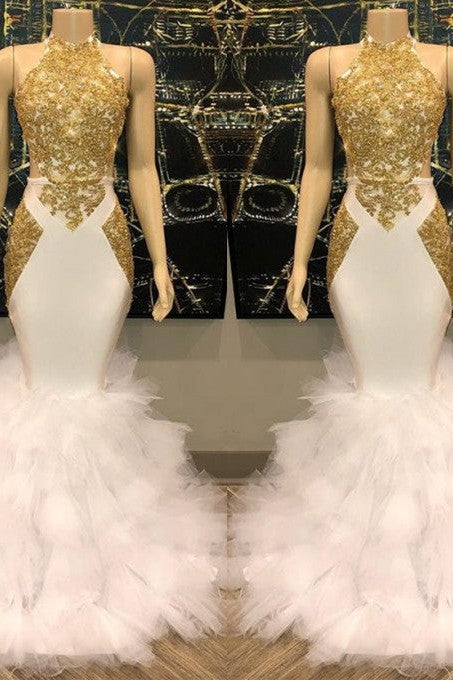Elegant White And Gold Mermaid Prom Dress Sequins High Collar Chiffon Long Elegant White And Gold Mermaid Prom Dress Sequins High Collar Chiffon Long
