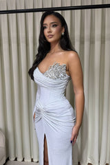 Elegant White Sweetheart Long Sleeves Prom Dresses Mermaid Gem With High Split-Ballbella
