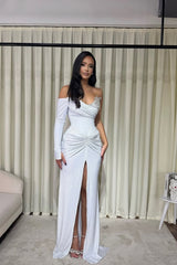 Elegant White Sweetheart Long Sleeves Prom Dresses Mermaid Gem With High Split-Ballbella