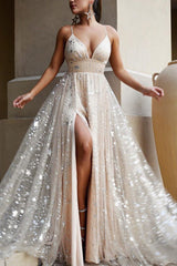 Elegany Spaghetti-Straps V-Neck Prom Dress Sequins Long Party Gowns With Slit-Ballbella